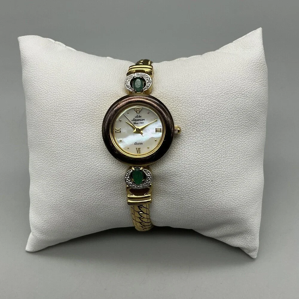 Jules Jurgensen Womens Watch 22mm MOP Green Stone Diamond 7707E New Battery 6.5